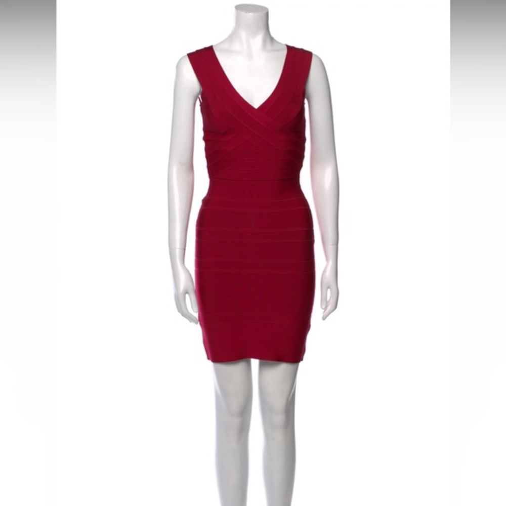 Herve Leger v neck cross cross detail red midi bandage dress w/ zipper & clasp‎
